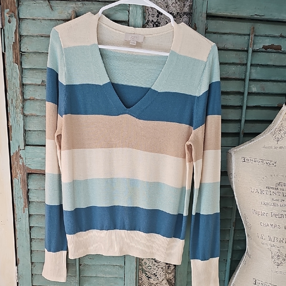 LOFT Multicolor Striped V-Neck Spring Sweater